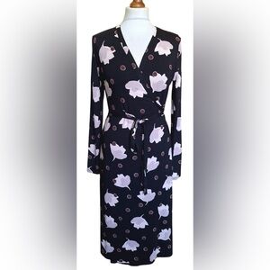 BODEN Black and Purple Floral Wrap Dress with Tie Belt Womens 4